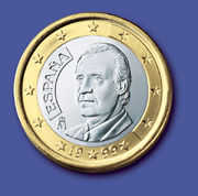 Изображение Хуана Карлоса на испанской монете в 1 евро